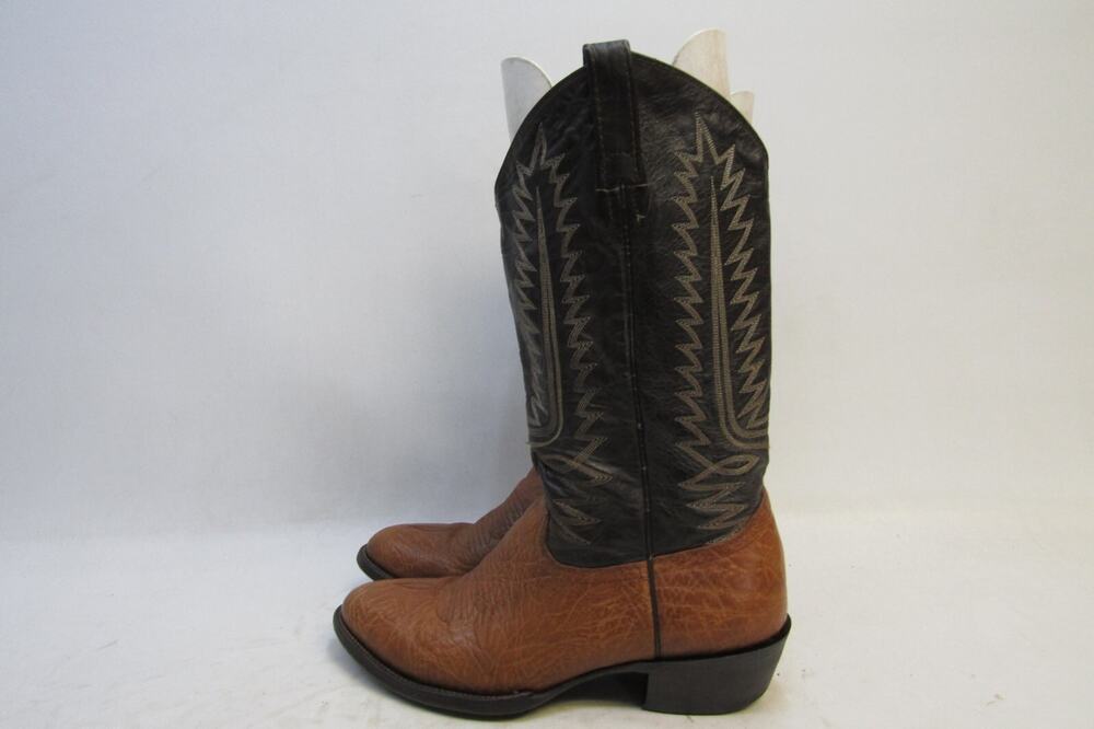 COWTOWN Mens Size 9.5 B Narrow Width Black Brown Bull Hide Leather Cowboy Boots